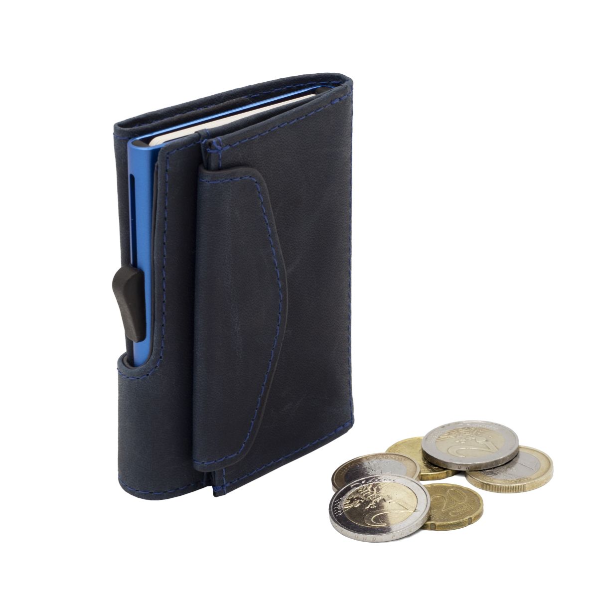 C-Secure Aluminum Card Holder with Genuine Leather and Coin Pouch - Naval Blue