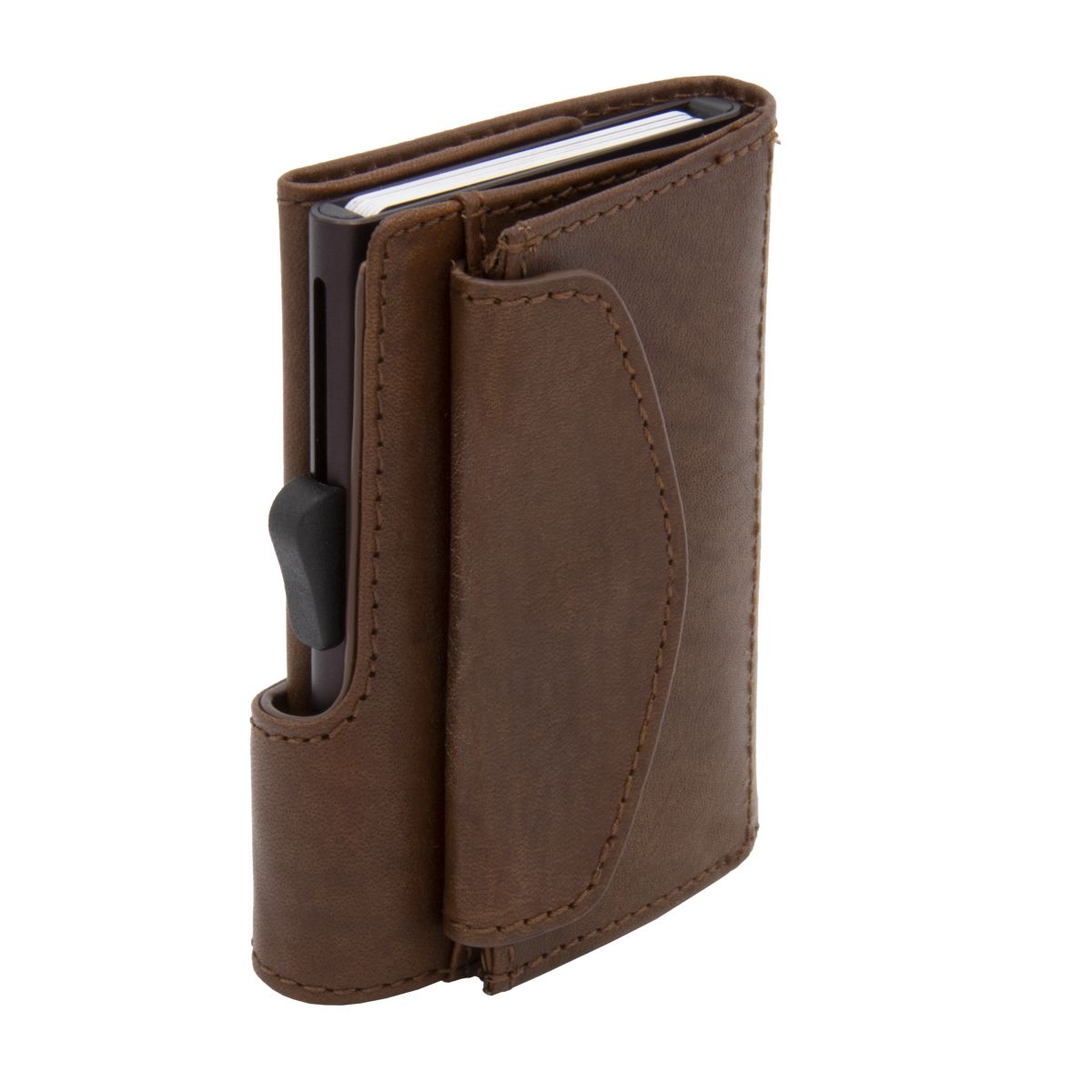 C-Secure Aluminum Card Holder with Genuine Leather and Coin Pouch - Brown