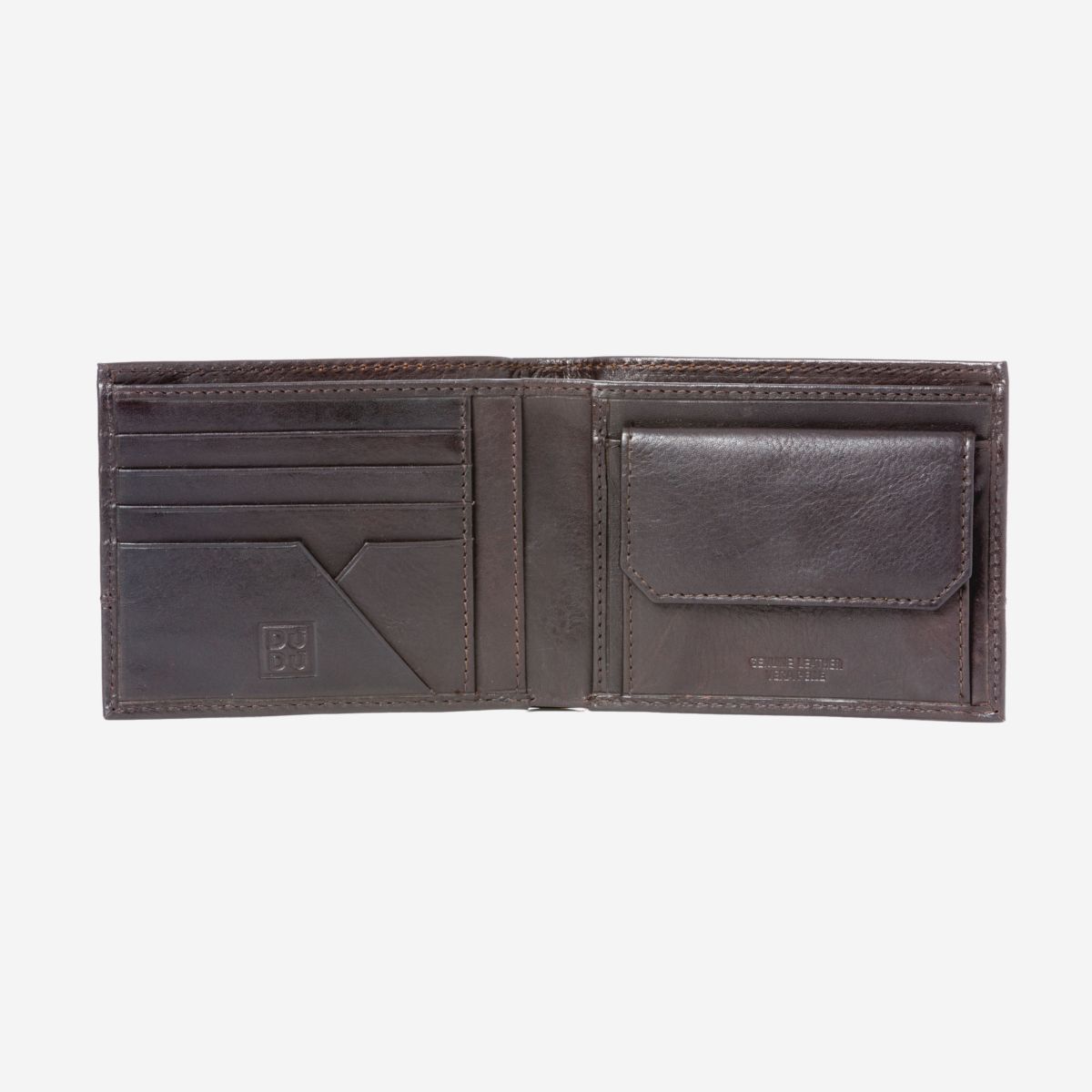 DuDu Mens Leather Wallet with Coin Pocket - Dark Brown