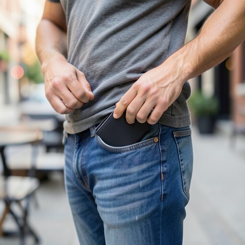 Man holding a slim minimalist wallet for everyday carry
