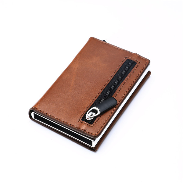 Aluminum Wallet With PU Leather And Zipper - Brown