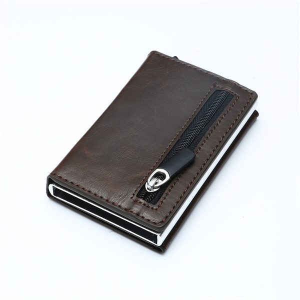 Aluminum Wallet With PU Leather And Zipper - Dark Brown