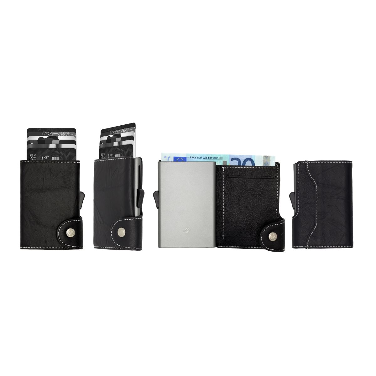 C-Secure Aluminum Card Holder with Genuine Leather - Black / Titanium