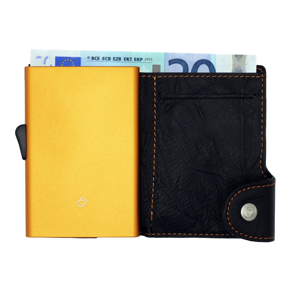 C-Secure Aluminum Card Holder with Genuine Leather - Black / Orange