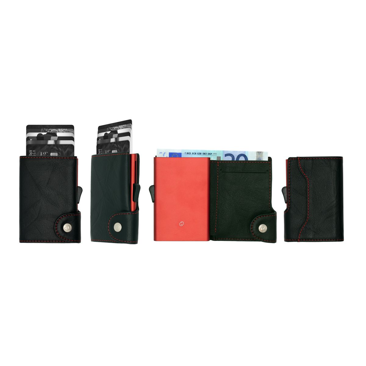 C-Secure Aluminum Card Holder with Genuine Leather - Black / Red