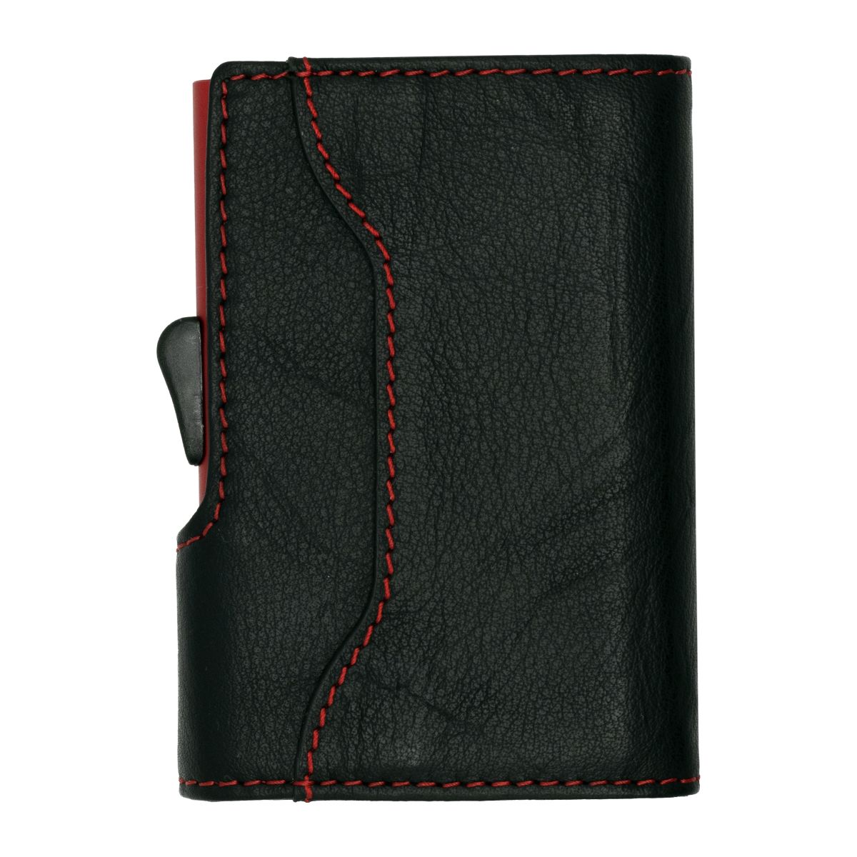 C-Secure Aluminum Card Holder with Genuine Leather - Black / Red