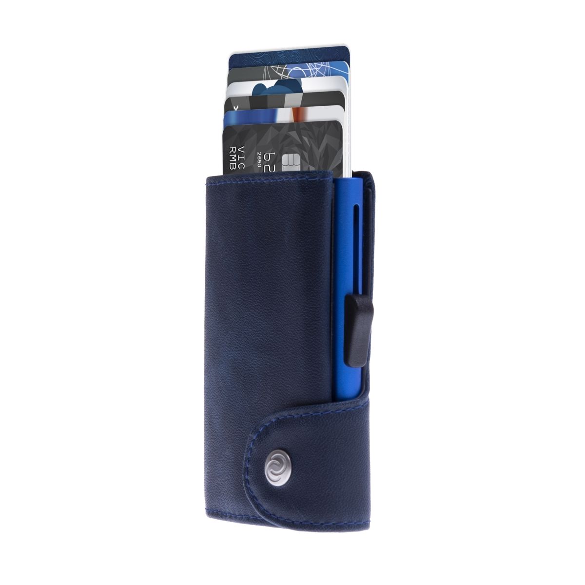 C-Secure Aluminum Card Holder with Genuine Leather - Navy Blue