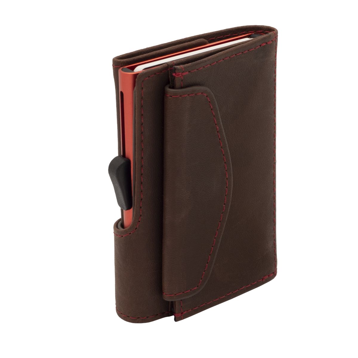 C-Secure Aluminum Card Holder with Genuine Leather and Coin Pouch - Auburn Brown