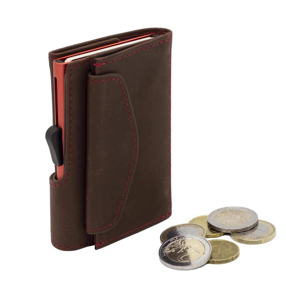 C-Secure Aluminum Card Holder with Genuine Leather and Coin Pouch - Auburn Brown