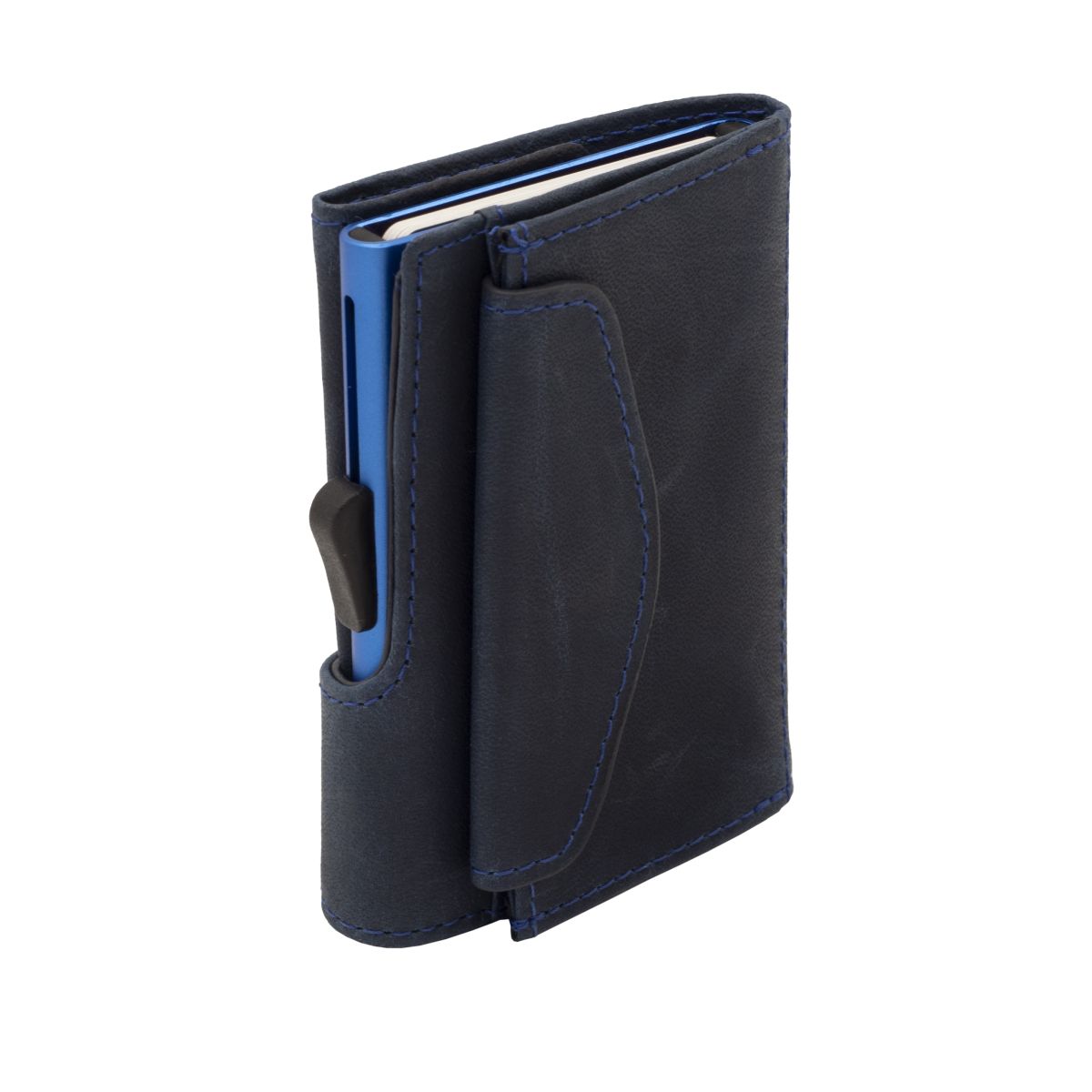 C-Secure Aluminum Card Holder with Genuine Leather and Coin Pouch - Naval Blue