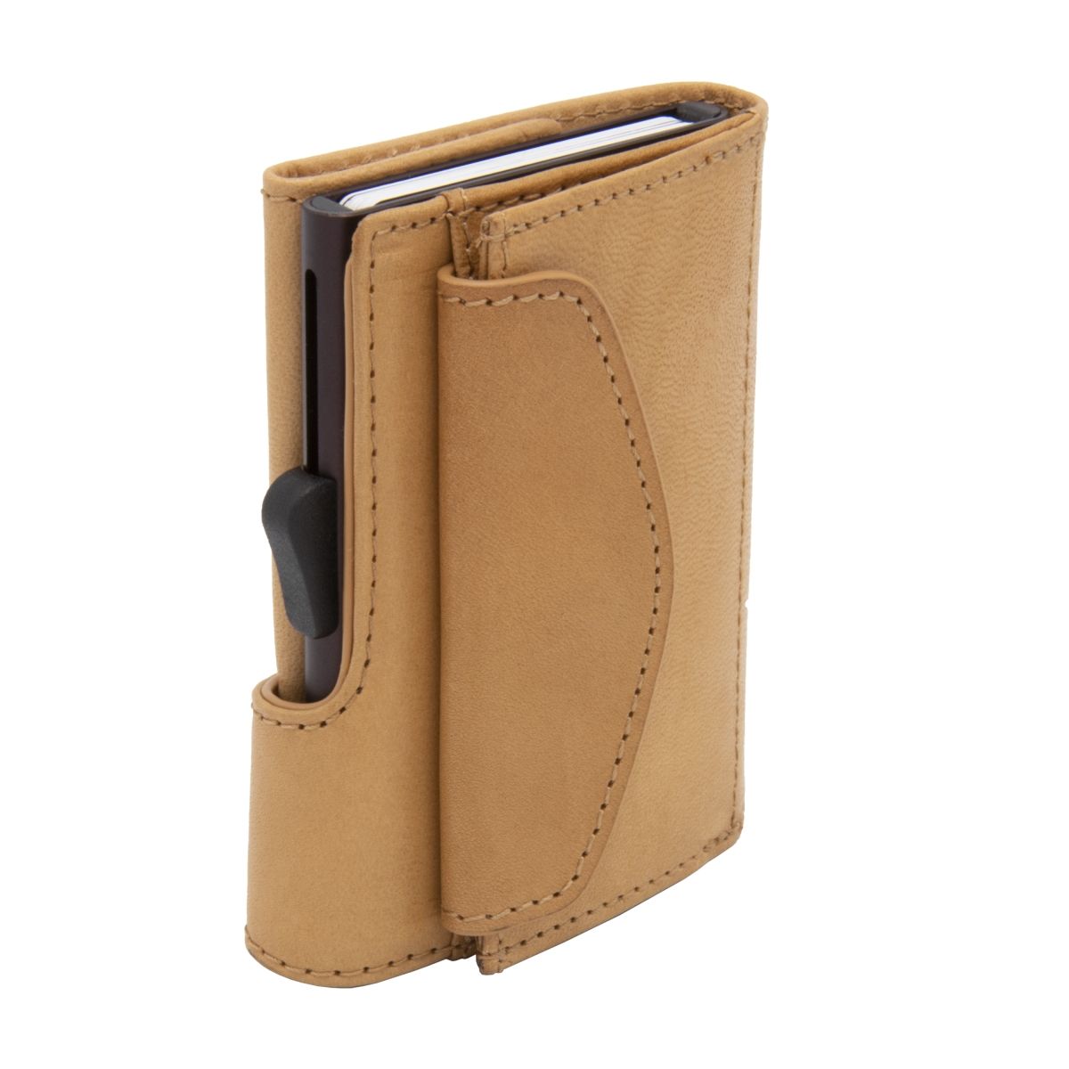 C-Secure Aluminum Card Holder with Genuine Leather and Coin Pouch - Saddle