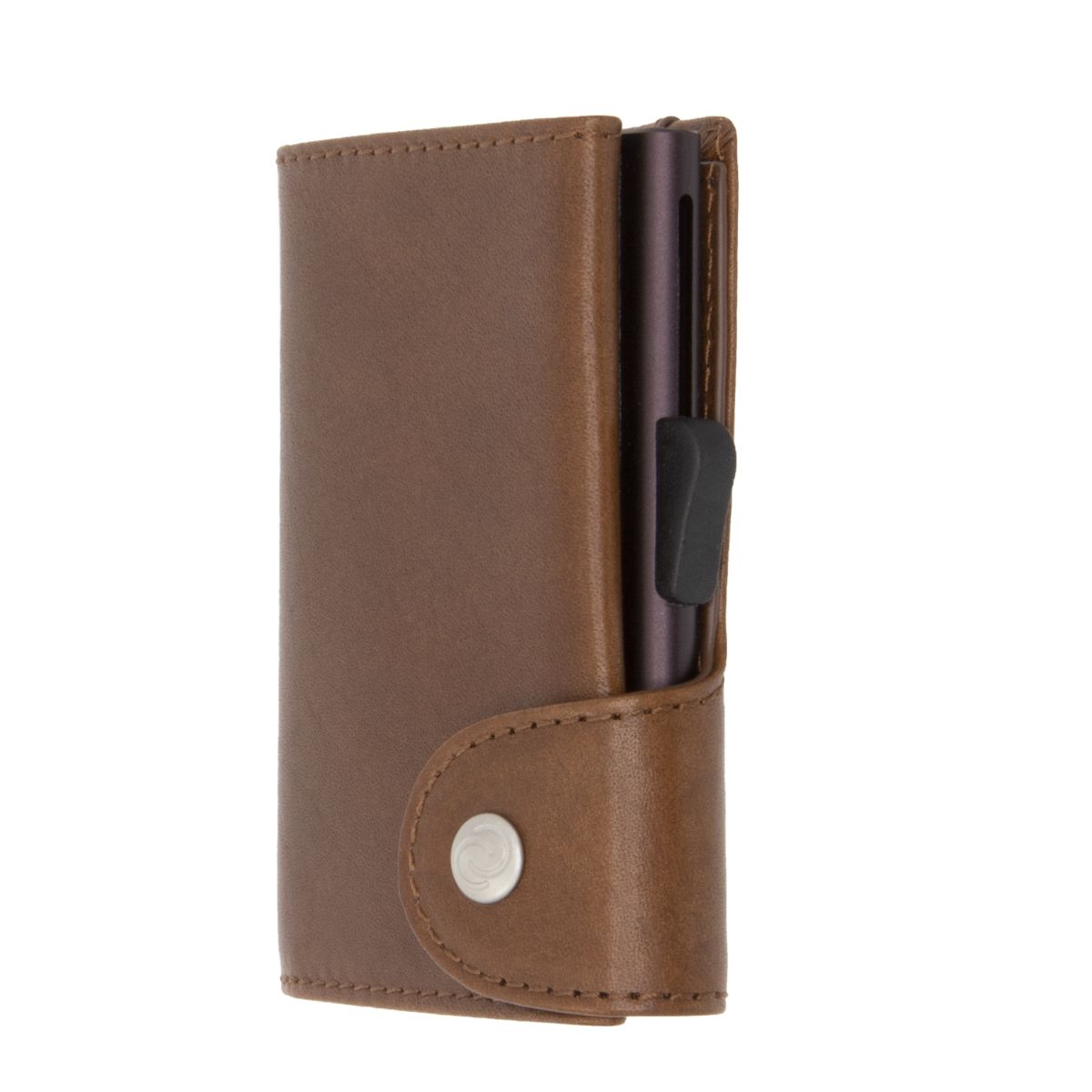 C-Secure Aluminum Card Holder with Genuine Leather and Coin Pouch - Brown