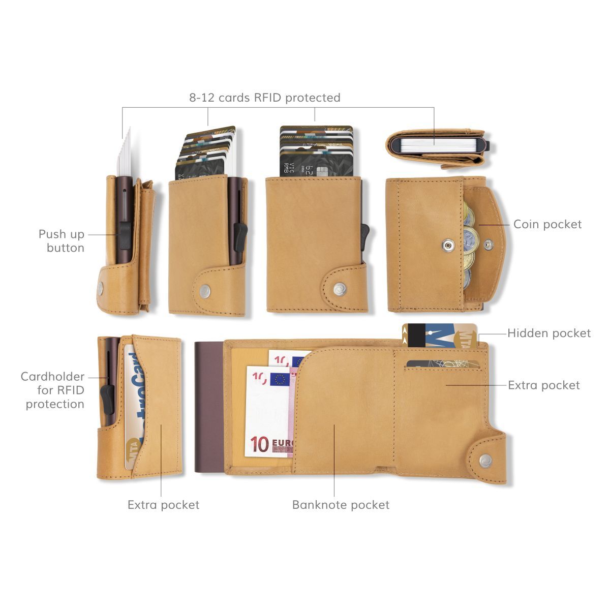 C-Secure XL Aluminum Wallet with Vegetable Genuine Leather and Coins Pocket - Brown Macchiato
