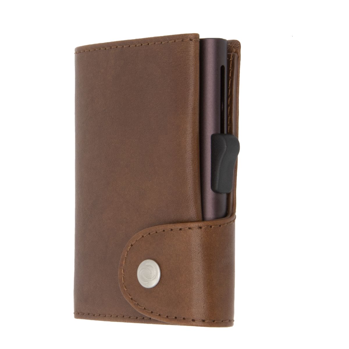 C-Secure XL Aluminum Wallet with Vegetable Genuine Leather and Coins Pocket - Brown