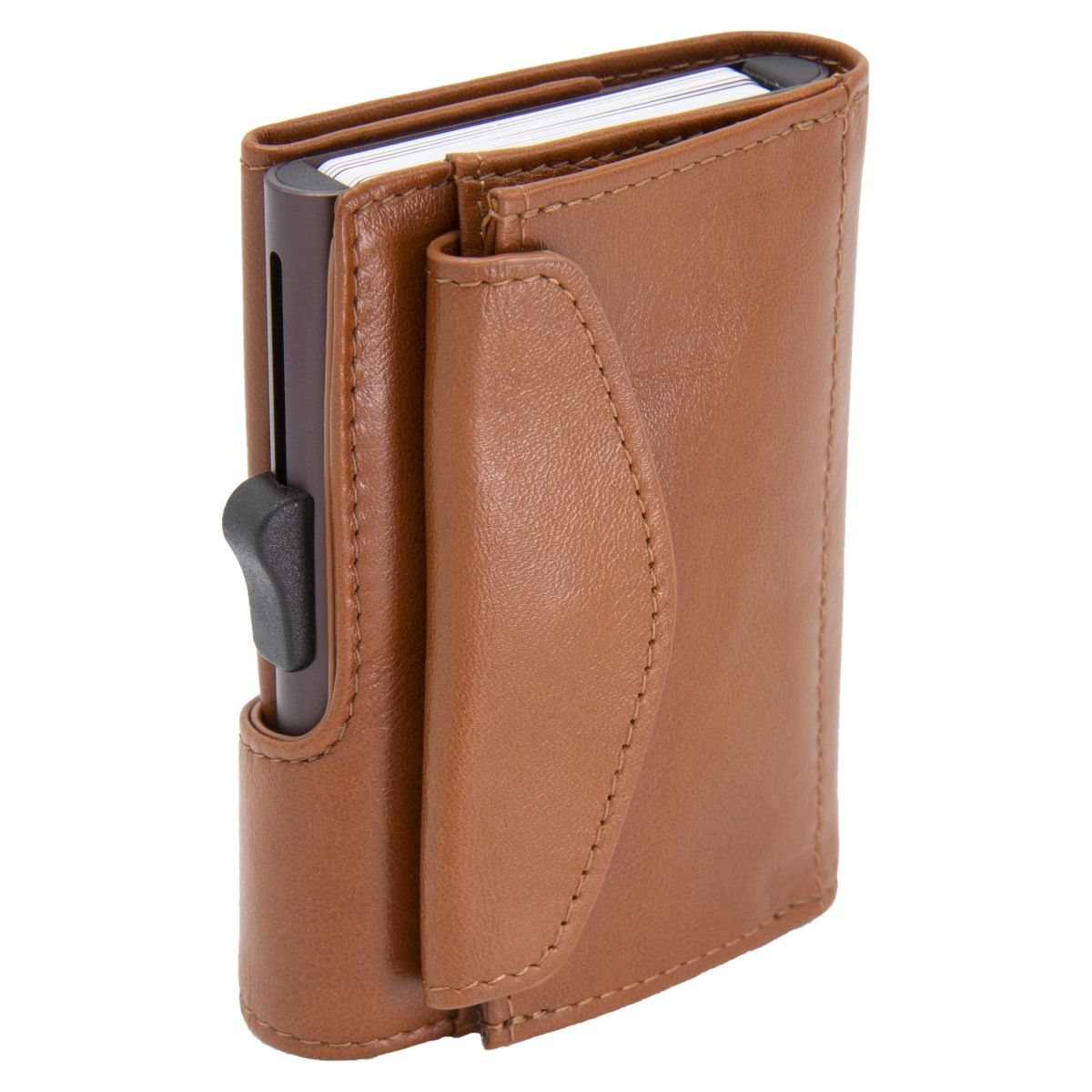 XL Aluminum Wallet with Genuine Leather and Coins Pocket - Chestnut