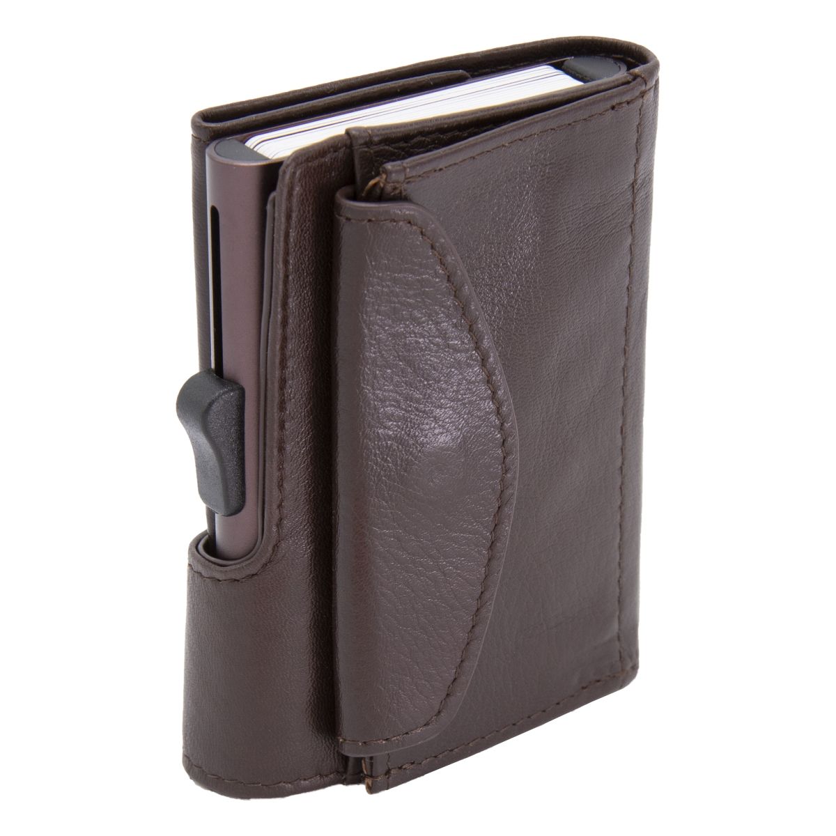 XL Aluminum Wallet with Genuine Leather and Coins Pocket - Mogano Brown