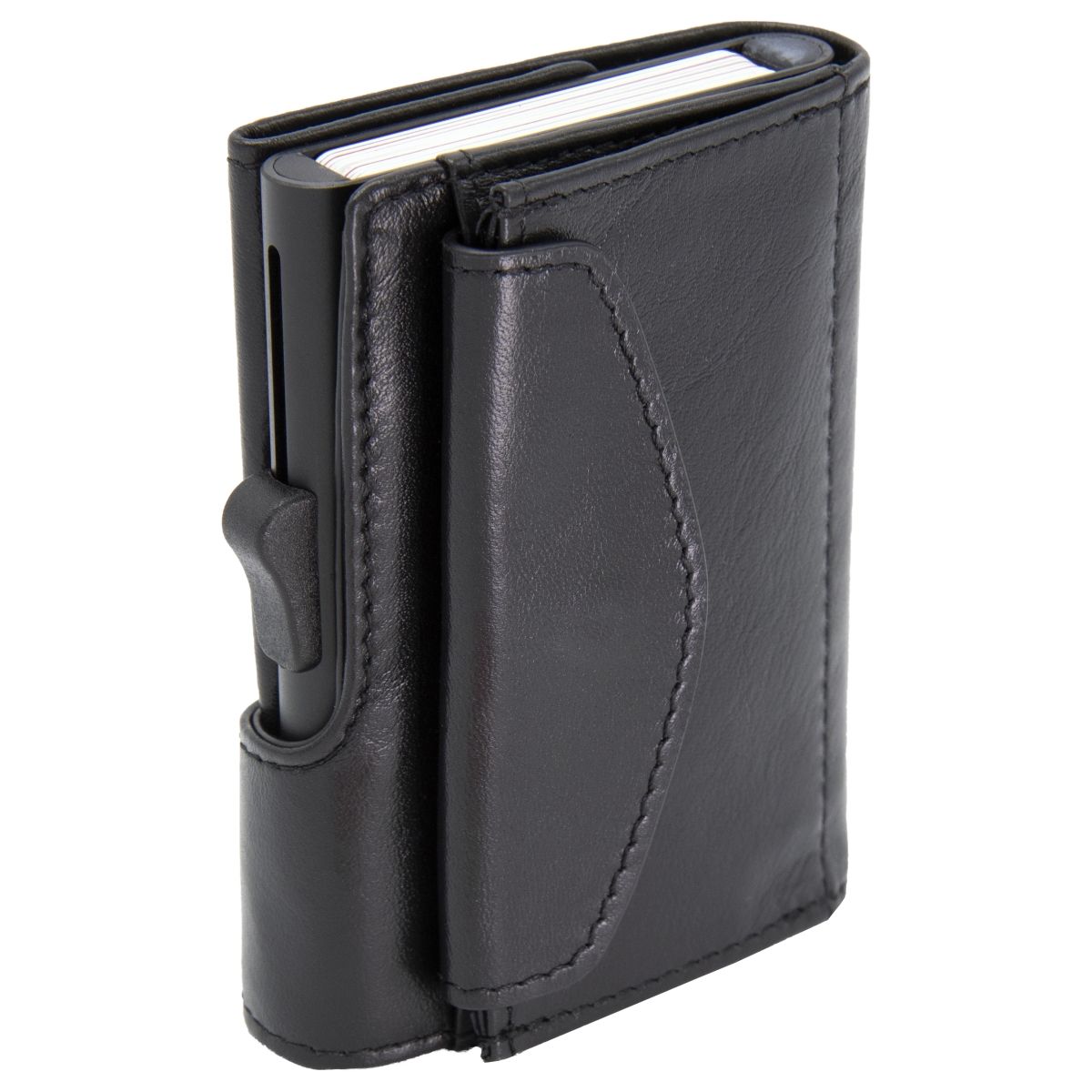 XL Aluminum Wallet with Genuine Leather and Coins Pocket - Black