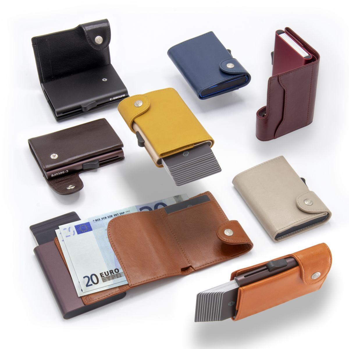 C-Secure XL Aluminum Wallet with Genuine Leather and Coins Pocket - Chestnut