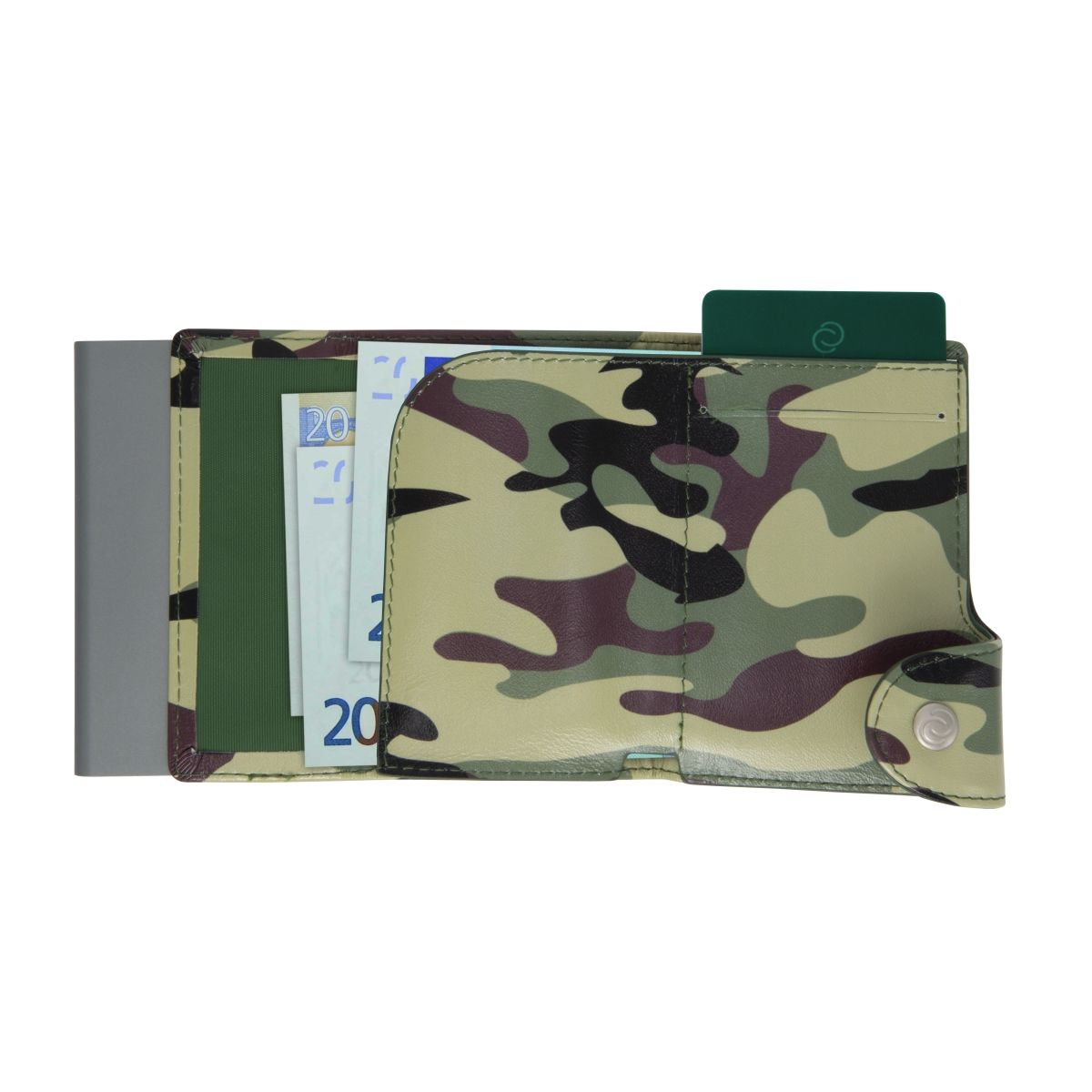 C-Secure Aluminum Card Holder with Genuine Leather - Camo Green