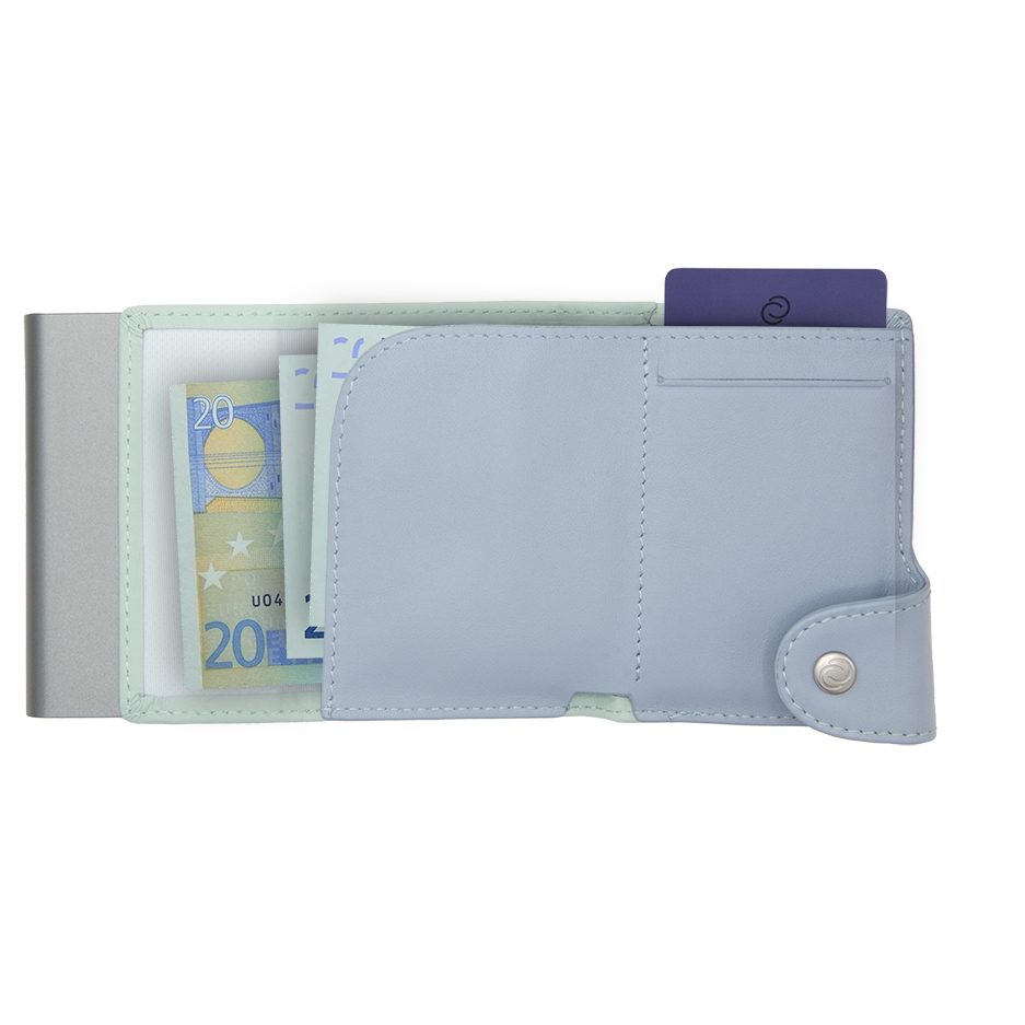 C-Secure Aluminum Card Holder with Genuine Leather and Coin Pouch - Aqua/Ice
