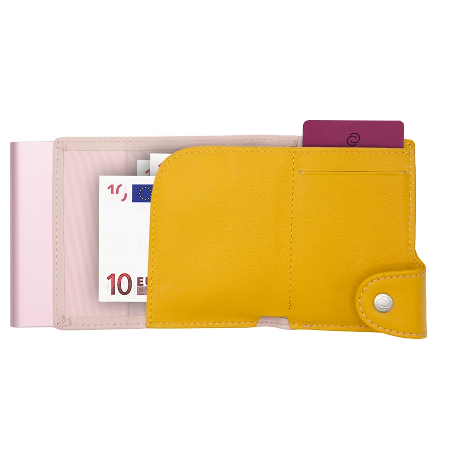 C-Secure Aluminum Card Holder with Genuine Leather and Coin Pouch - Blush/Saffron