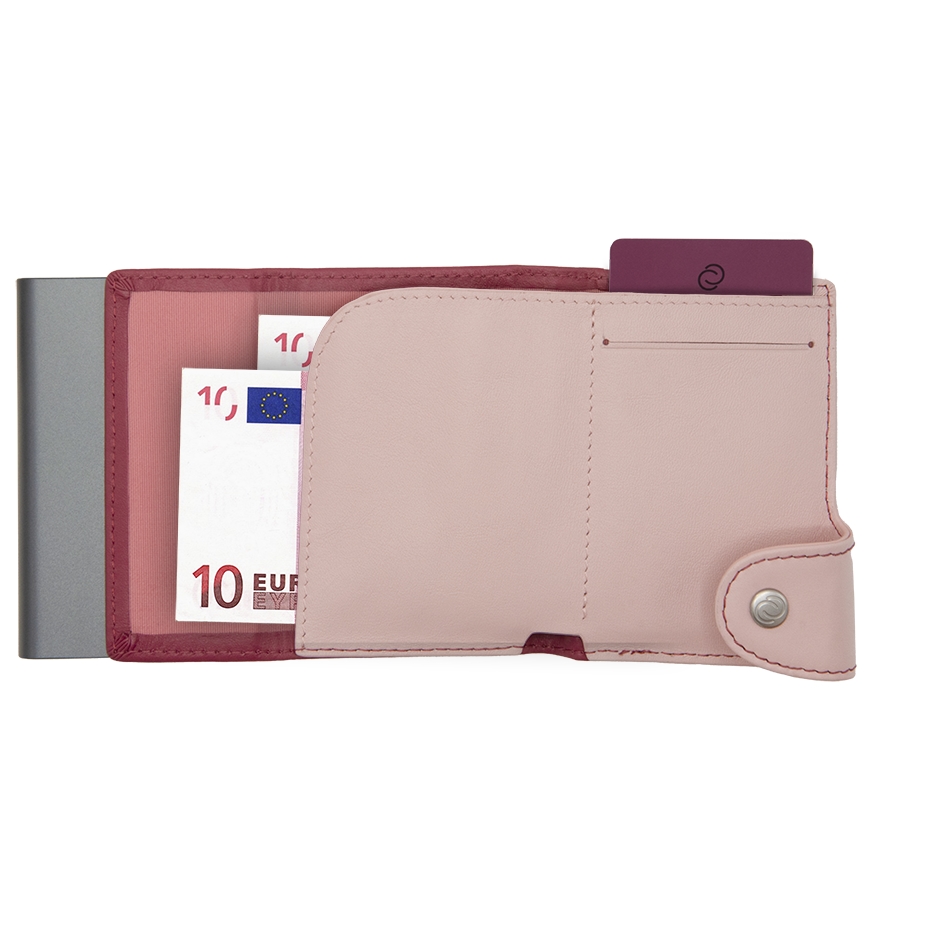 C-Secure Aluminum Card Holder with Genuine Leather and Coin Pouch - Cherry/Blush