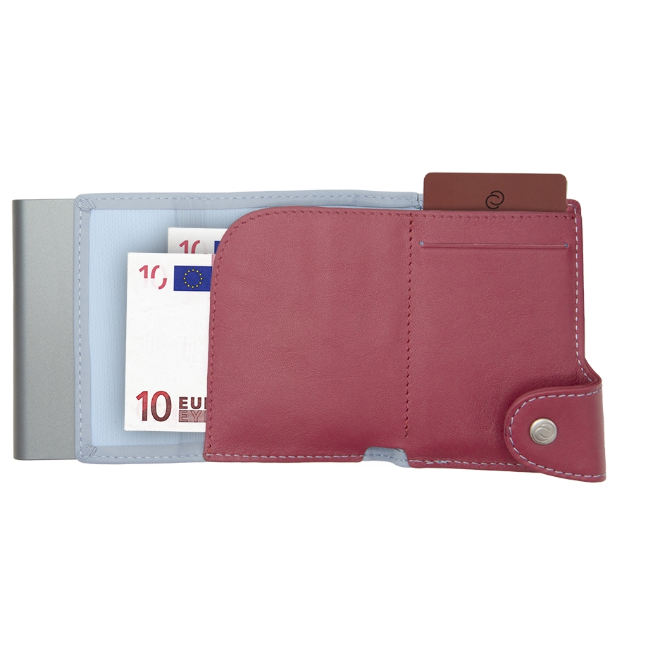 C-Secure Aluminum Card Holder with Genuine Leather and Coin Pouch - Ice/Cherry