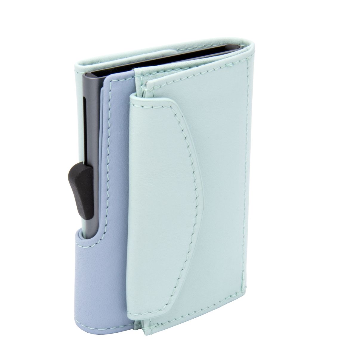 C-Secure Aluminum Card Holder with Genuine Leather and Coin Pouch - Aqua/Ice