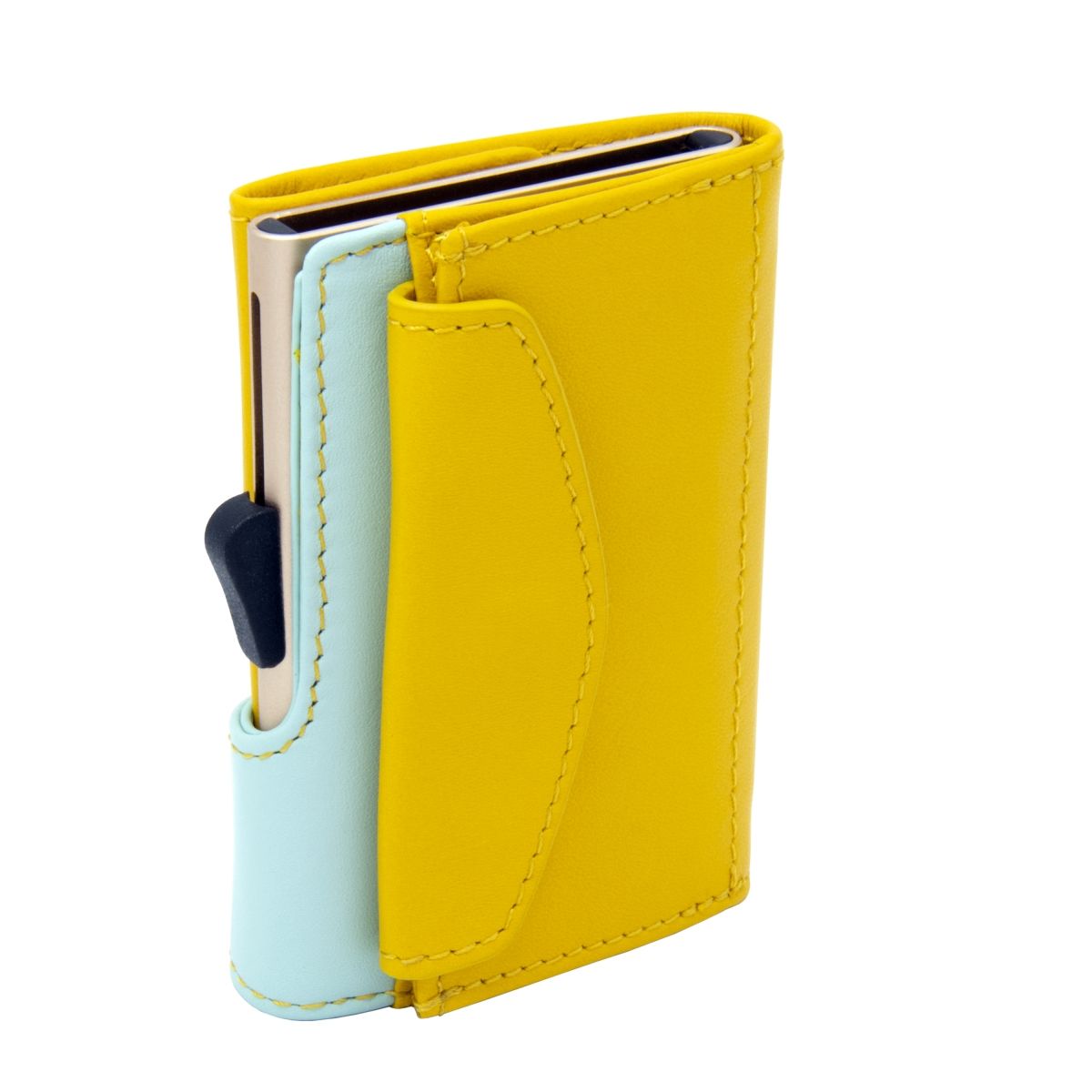 C-Secure Aluminum Card Holder with Genuine Leather and Coin Pouch - Saffron/Aqua