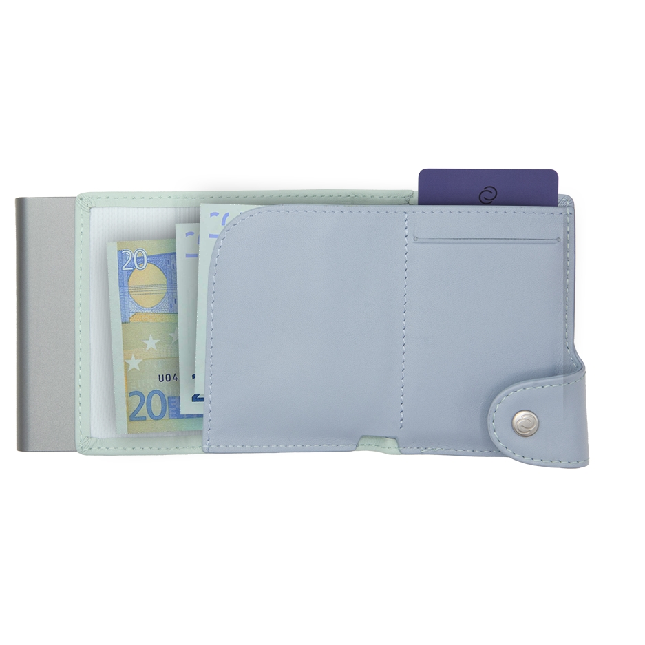 C-Secure XL Aluminum Wallet with Genuine Leather and Coins Pocket - Aqua/Ice