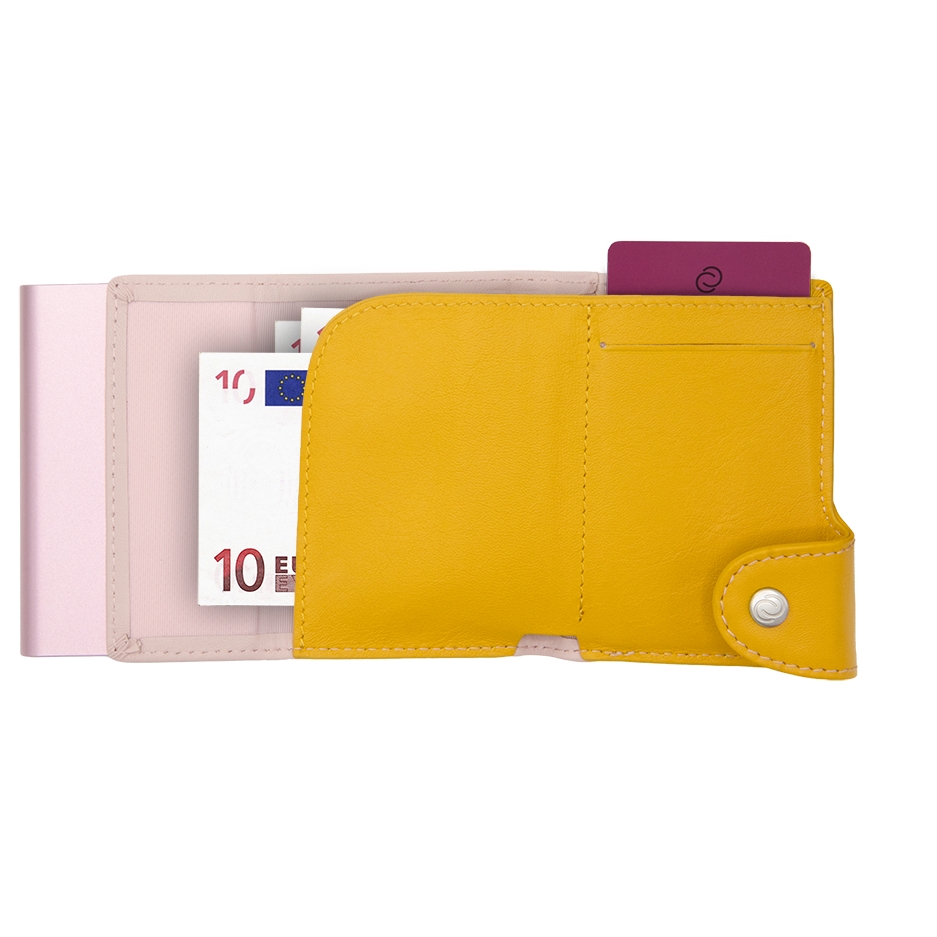 C-Secure XL Aluminum Wallet with Genuine Leather and Coins Pocket - Blush/Saffron