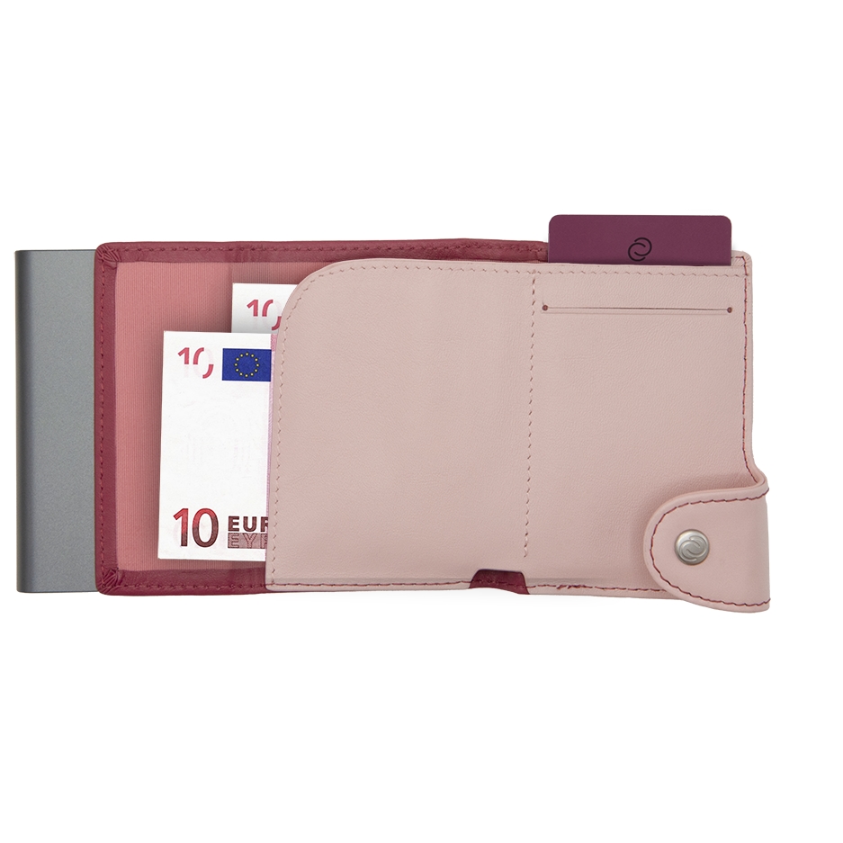 C-Secure XL Aluminum Wallet with Genuine Leather and Coins Pocket - Cherry/Blush