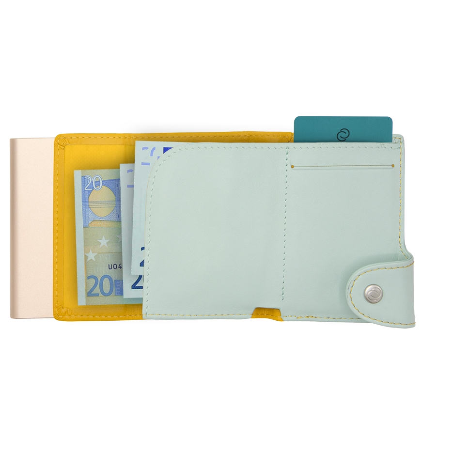 C-Secure XL Aluminum Wallet with Genuine Leather and Coins Pocket - Saffron/Aqua