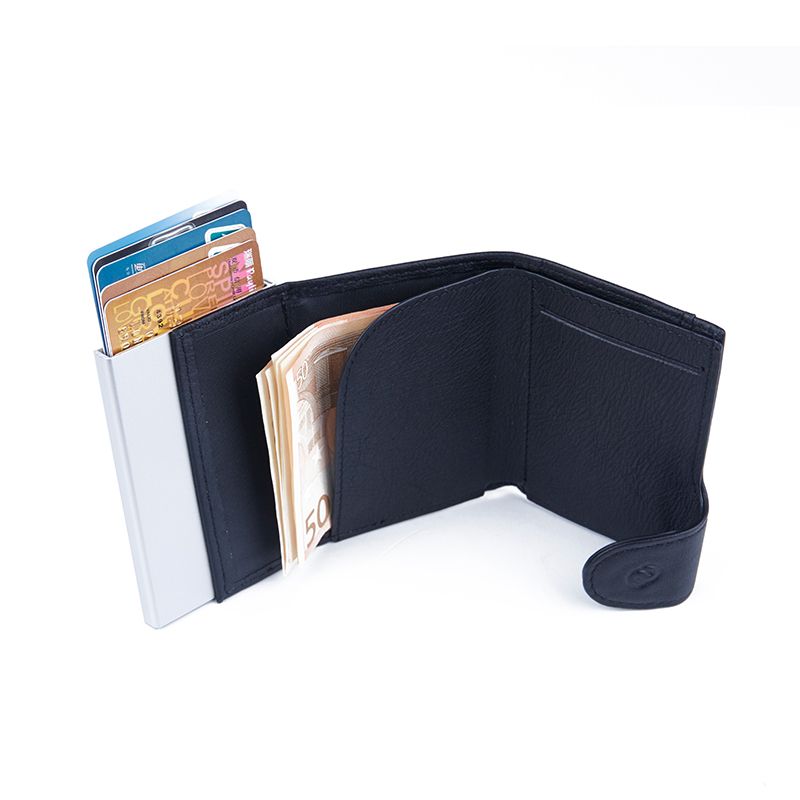 C-Secure Aluminum Card Holder with PU Leather - Black