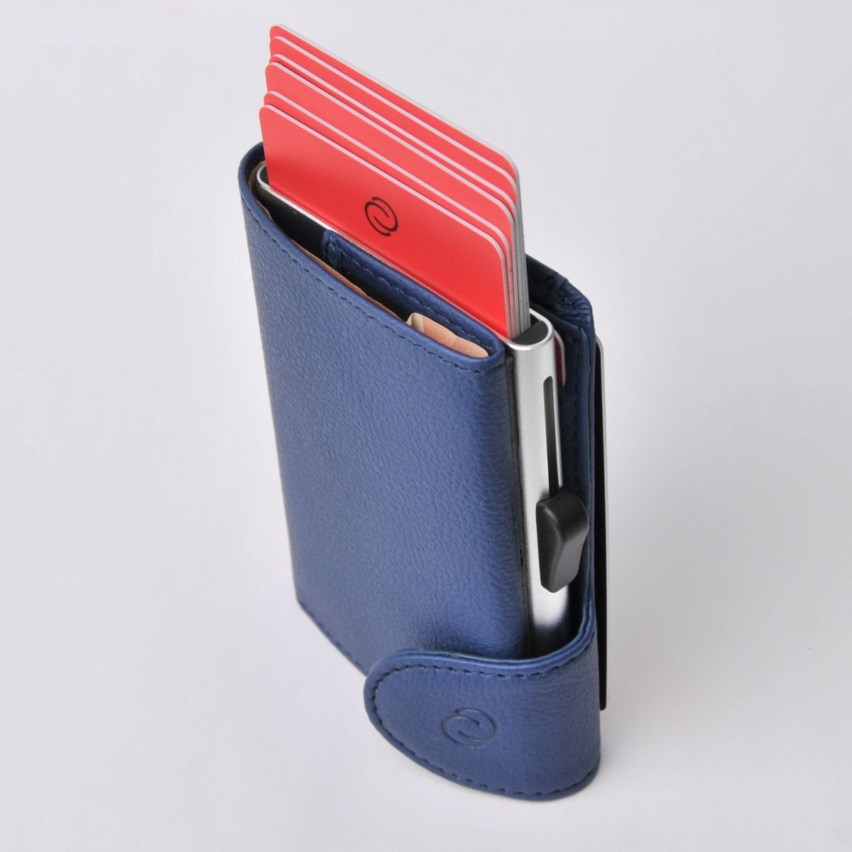 C-Secure Aluminum Card Holder with Genuine Leather - Blue