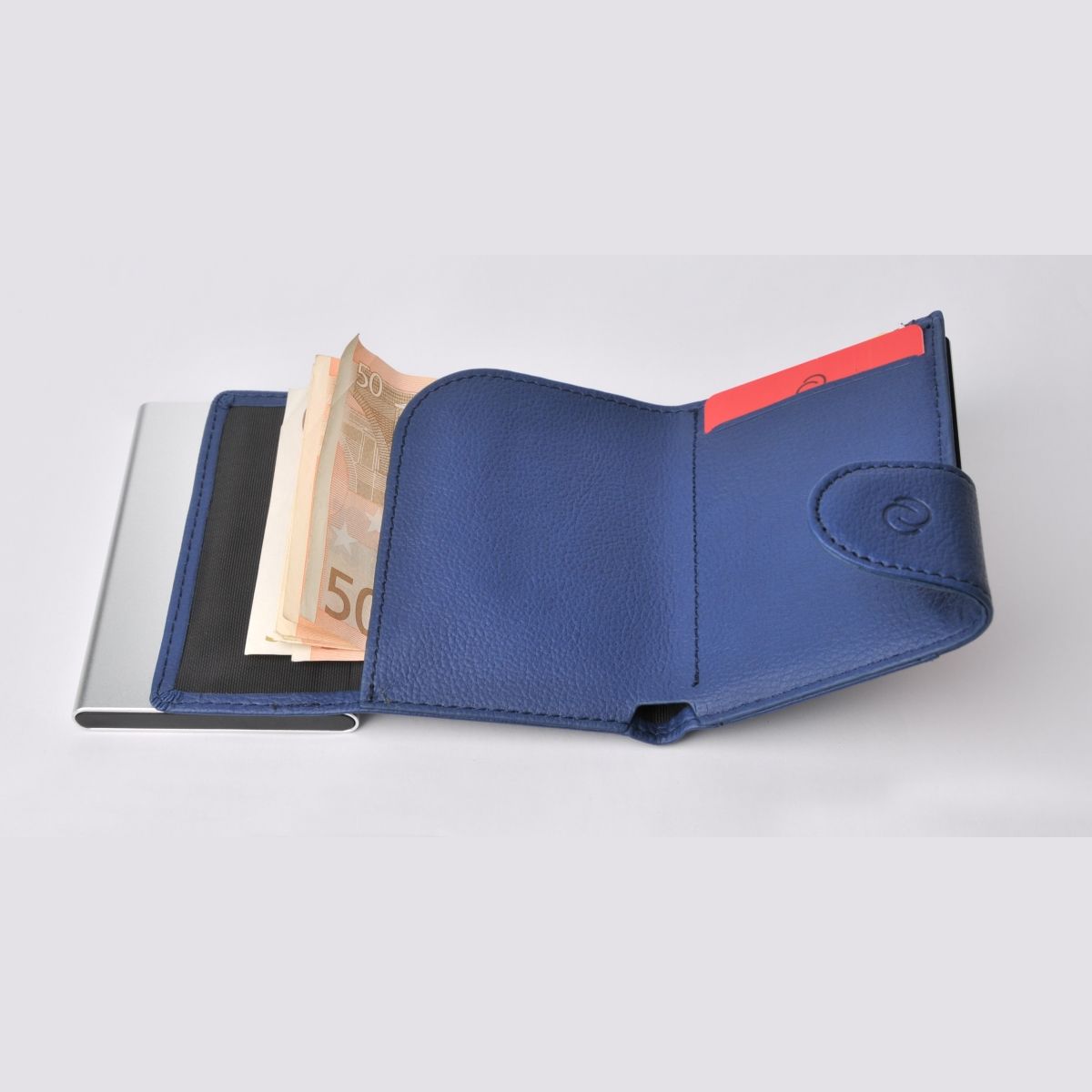 C-Secure Aluminum Card Holder with PU Leather - Blue