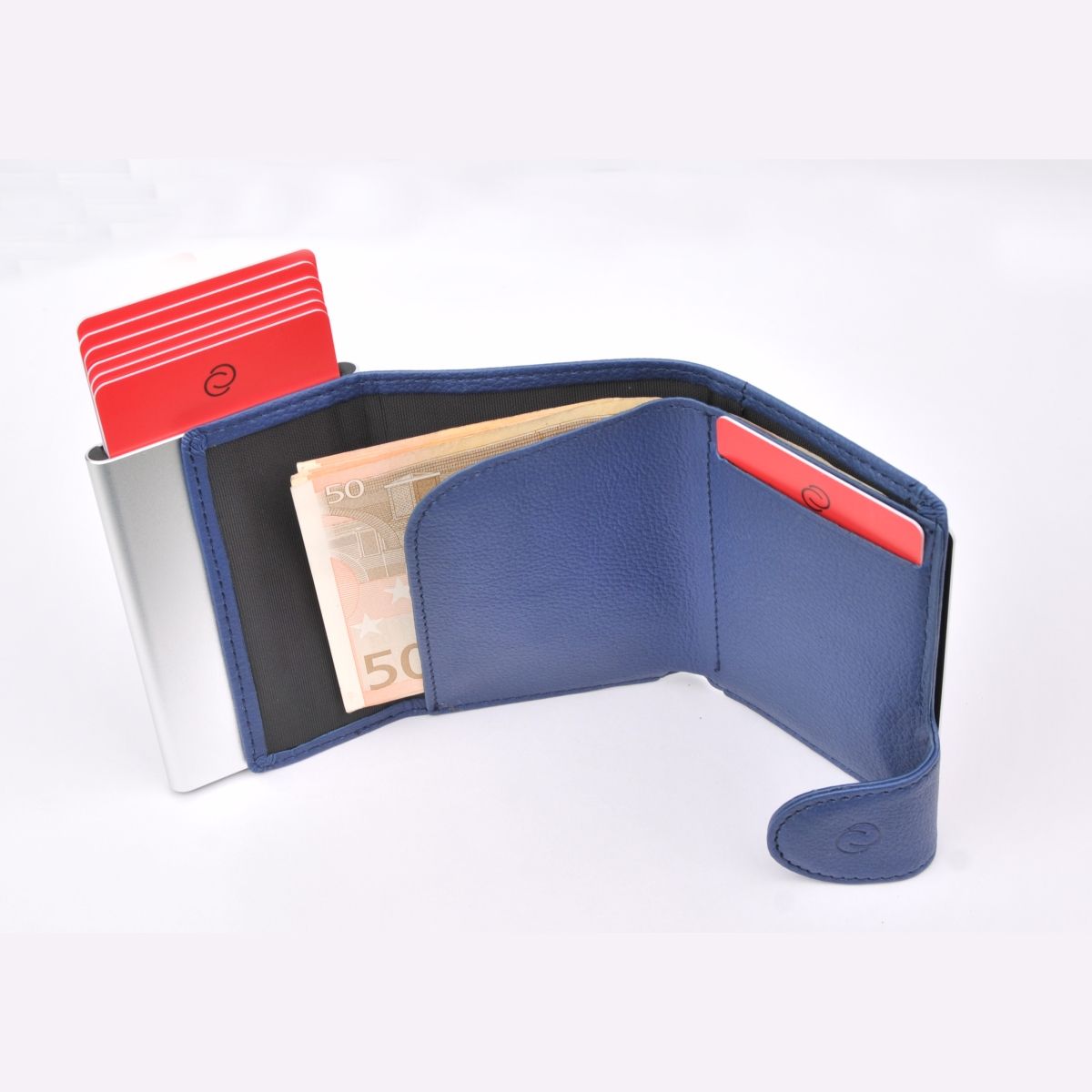 C-Secure Aluminum Card Holder with Genuine Leather and Coin Pouch - Blue Marino