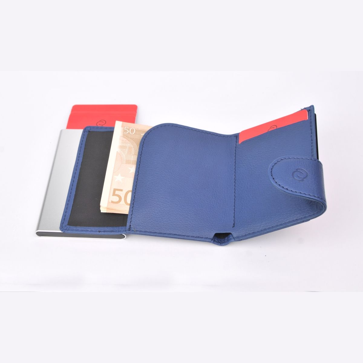 C-Secure Aluminum Card Holder with Genuine Leather - Blue