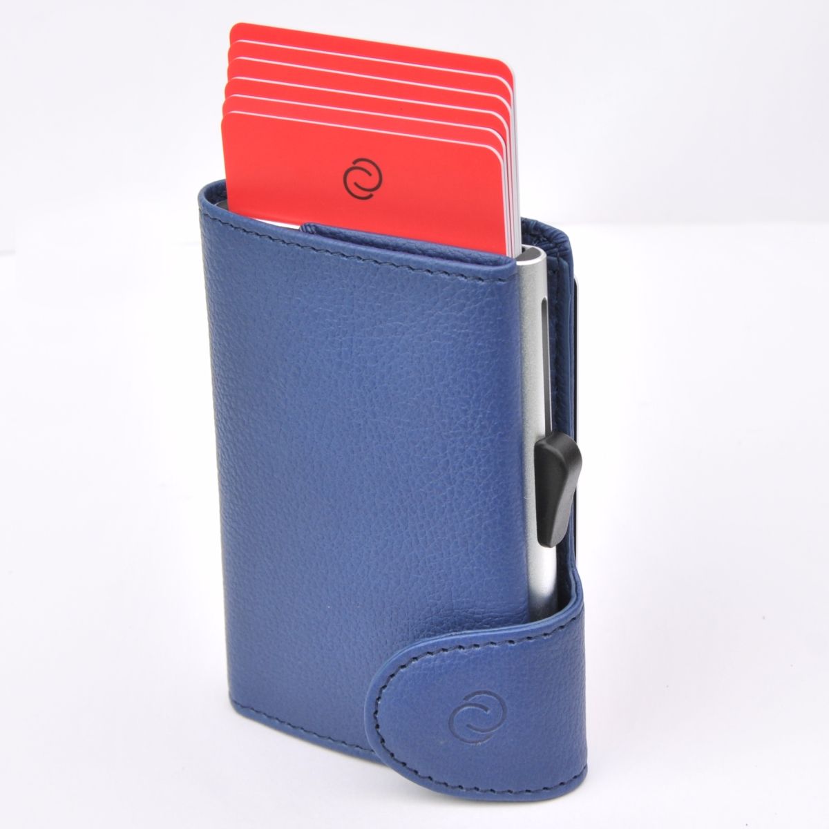 Aluminum Card Holder with Genuine Leather - Blue