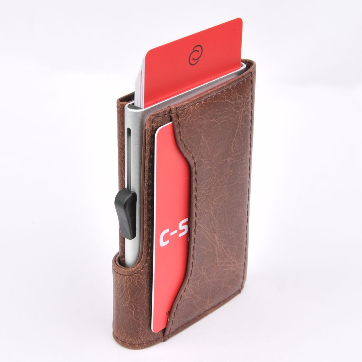 C-Secure Aluminum Card Holder with PU Leather - Dark Brown