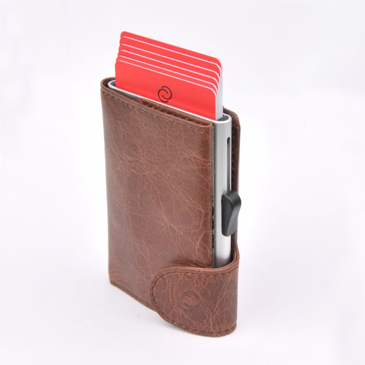 C-Secure Aluminum Card Holder with PU Leather - Dark Brown