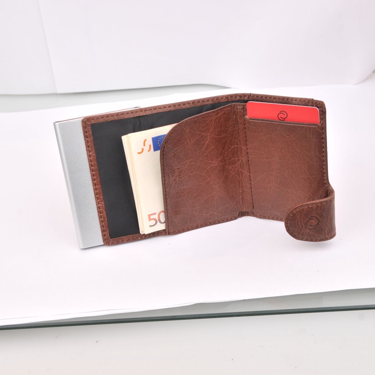 C-Secure Aluminum Card Holder with PU Leather - Dark Brown