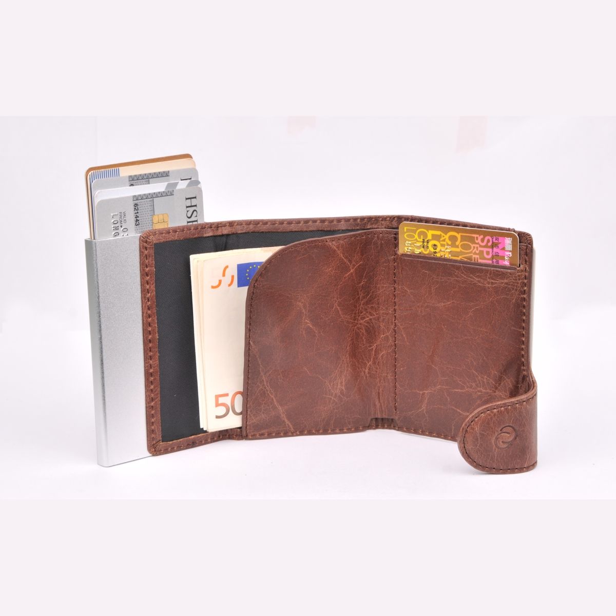 Aluminum Card Holder with Genuine Leather - Dark Brown