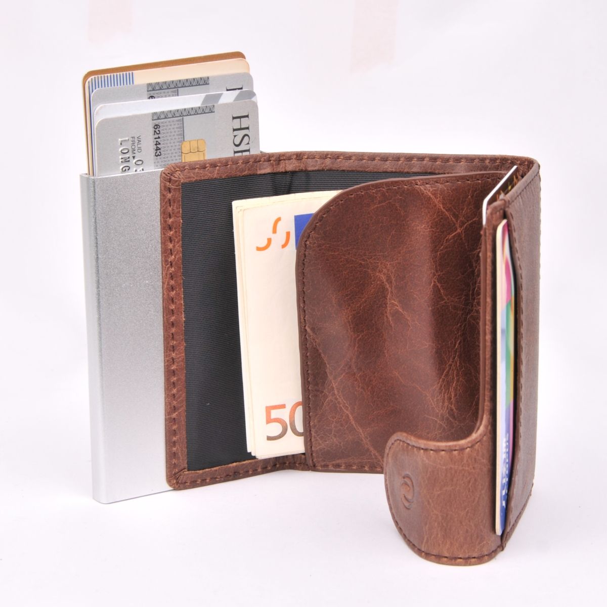 C-Secure Double Aluminum Card Holder with Leather Brown - Wallets