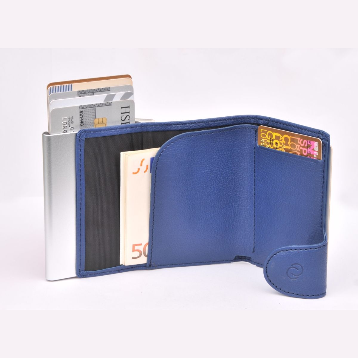 C-Secure Aluminum Card Holder with Genuine Leather and Coin Pouch - Blue Marino