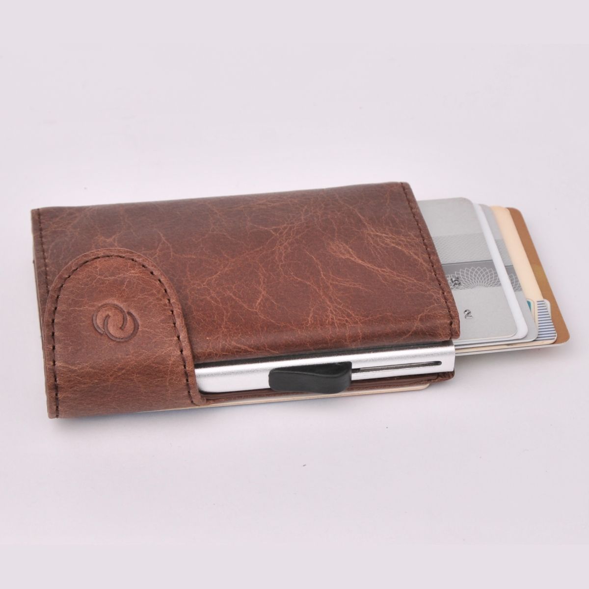 C-Secure Aluminum Card Holder with Genuine Leather - Dark Brown