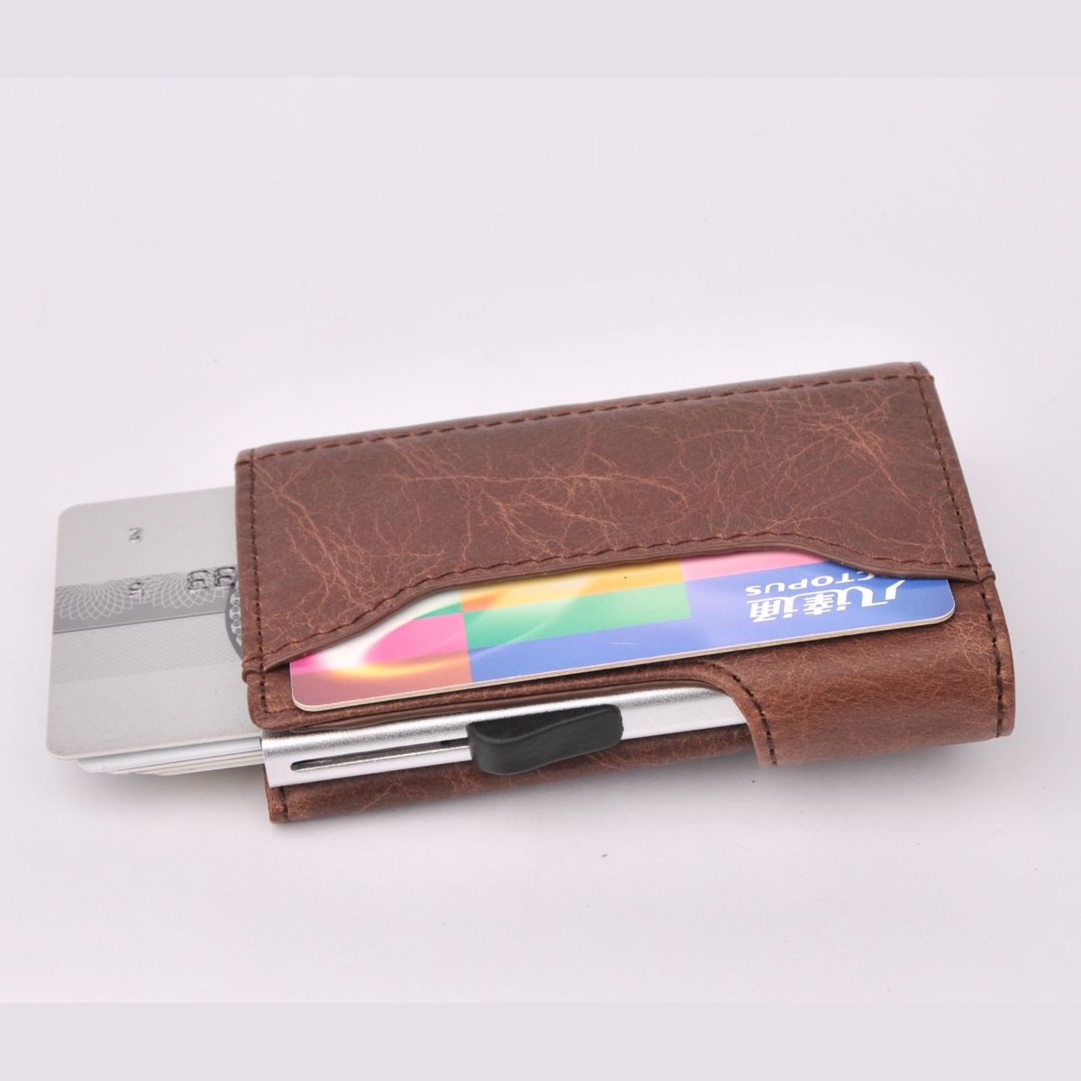 C-Secure Aluminum Card Holder with Genuine Leather - Dark Brown