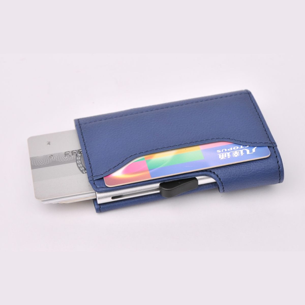 C-Secure Aluminum Card Holder with Genuine Leather - Blue Marino