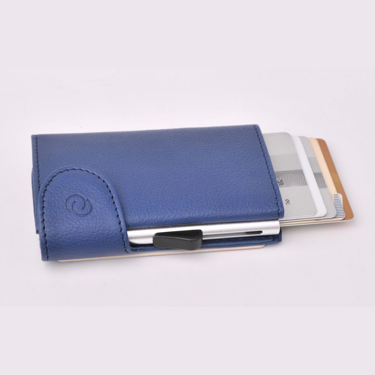 C-Secure Aluminum Card Holder with Genuine Leather - Blue