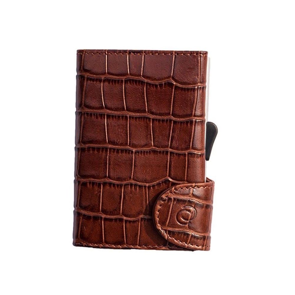 C-Secure Aluminum Card Holder with Genuine Leather - Croco Brown